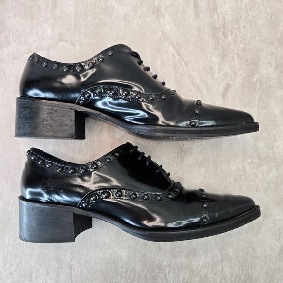 Uterque Oxford Shoe 7 Black Leather Spike Stud Goth Grunge Preppy Lace Up Loafer - Picture 5 of 11
